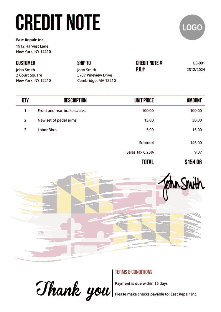 Credit Note Template Us Flag Of Maryland 