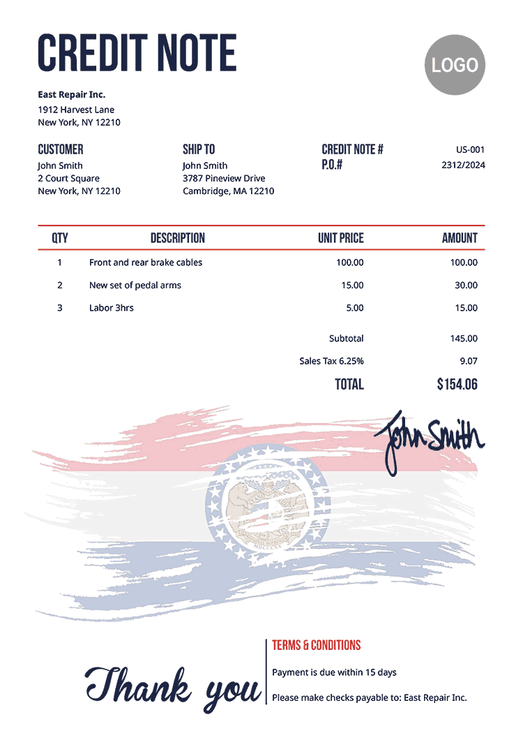 Credit Note Template Us Flag Of Missouri 