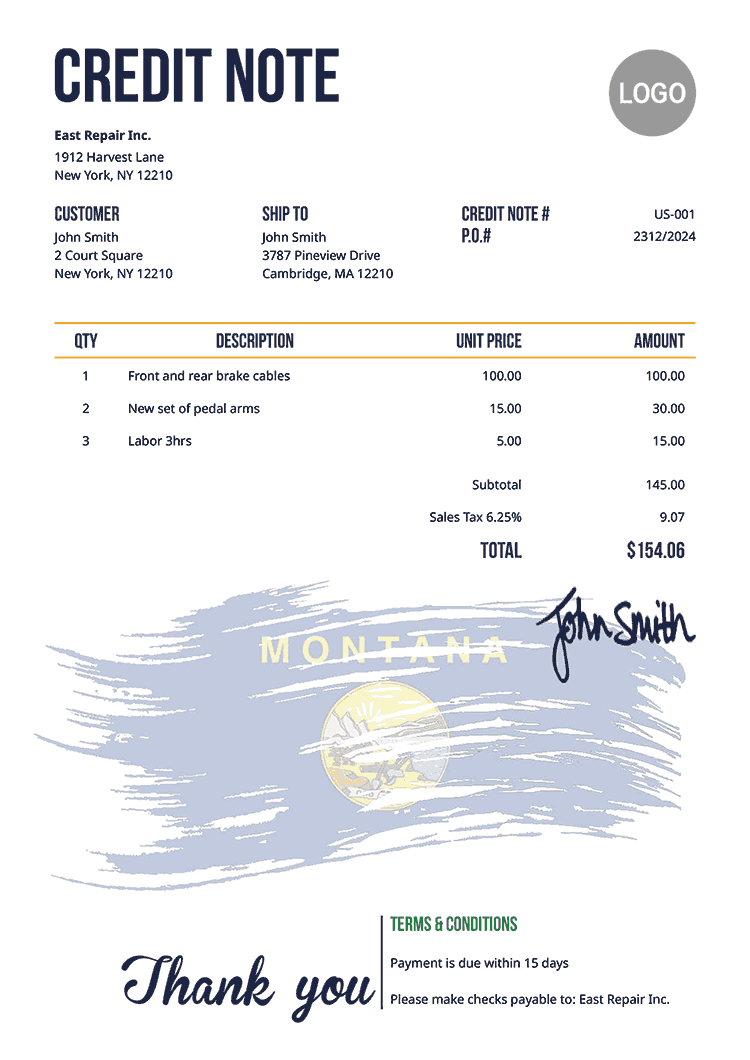 Credit Note Template Us Flag Of Montana 