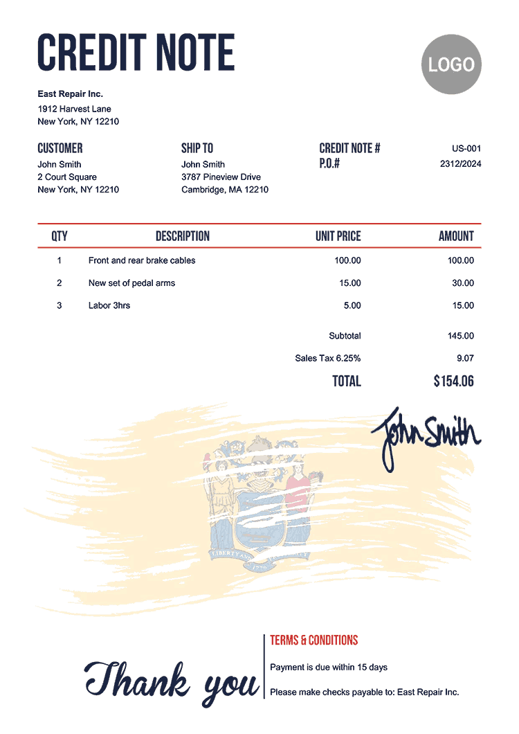 Credit Note Template Us Flag Of New Jersey 