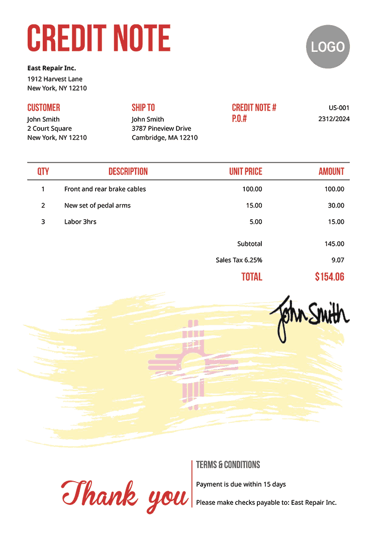 Credit Note Template Us Flag Of New Mexico 