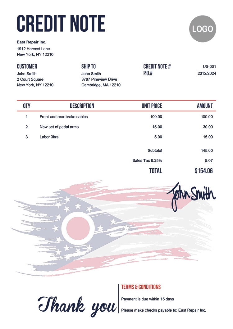 Credit Note Template Us Flag Of Ohio 