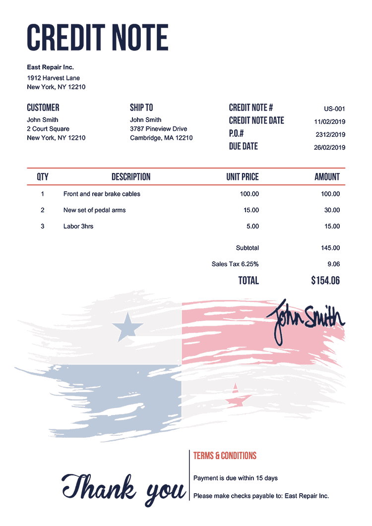 Credit Note Template Us Flag Of Panama 