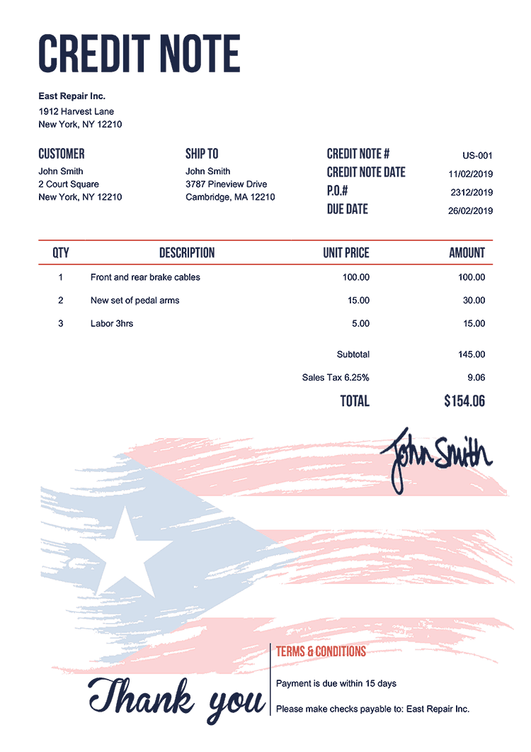 Credit Note Template Us Flag Of Puerto Rico 