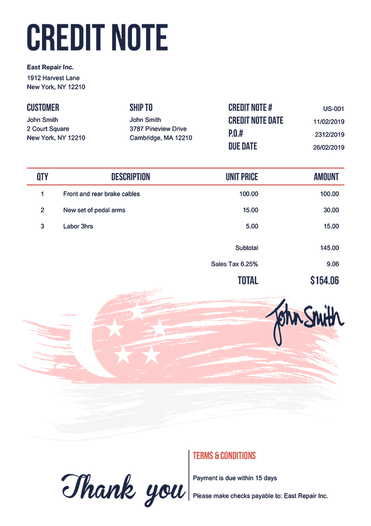 Credit Note Template Us Flag Of Singapore 