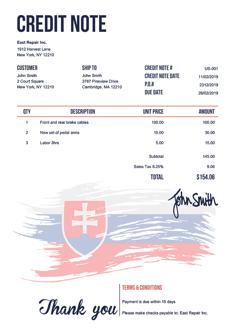 Credit Note Template Us Flag Of Slovakia 