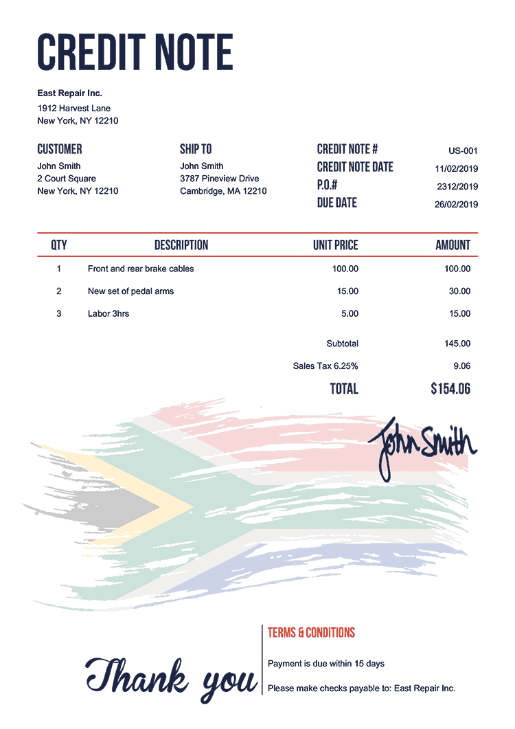 Credit Note Template Us Flag Of South Africa 