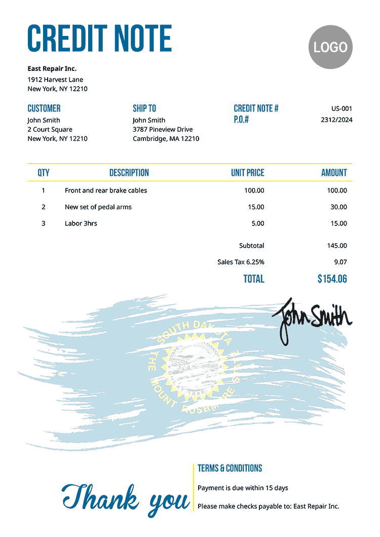 Credit Note Template Us Flag Of South Dakota 