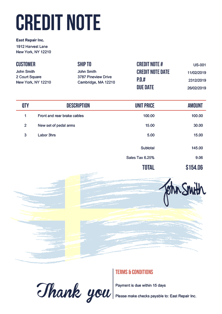 Credit Note Template Us Flag Of Sweden 