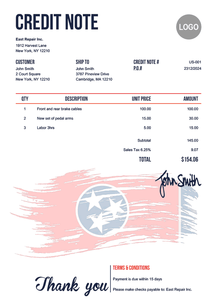 Credit Note Template Us Flag Of Tennessee 