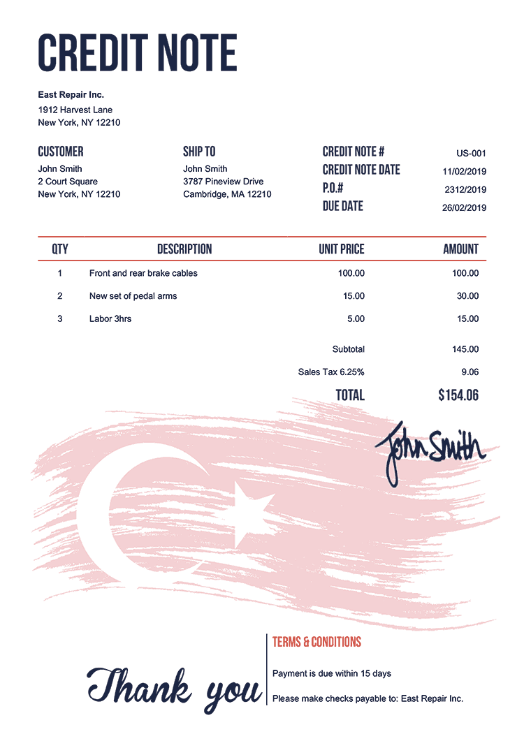 Credit Note Template Us Flag Of Turkey 