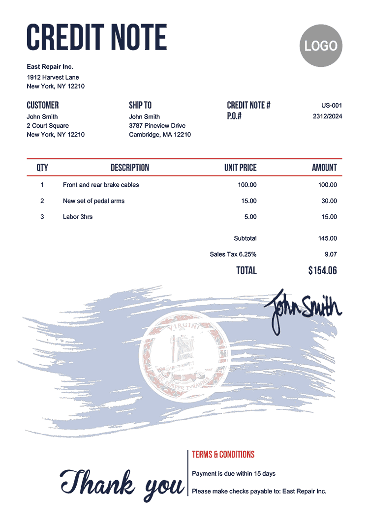 Credit Note Template Us Flag Of Virginia 