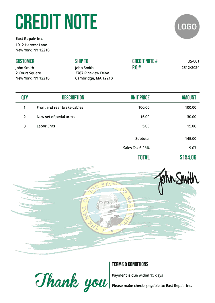 Credit Note Template Us Flag Of Washington 