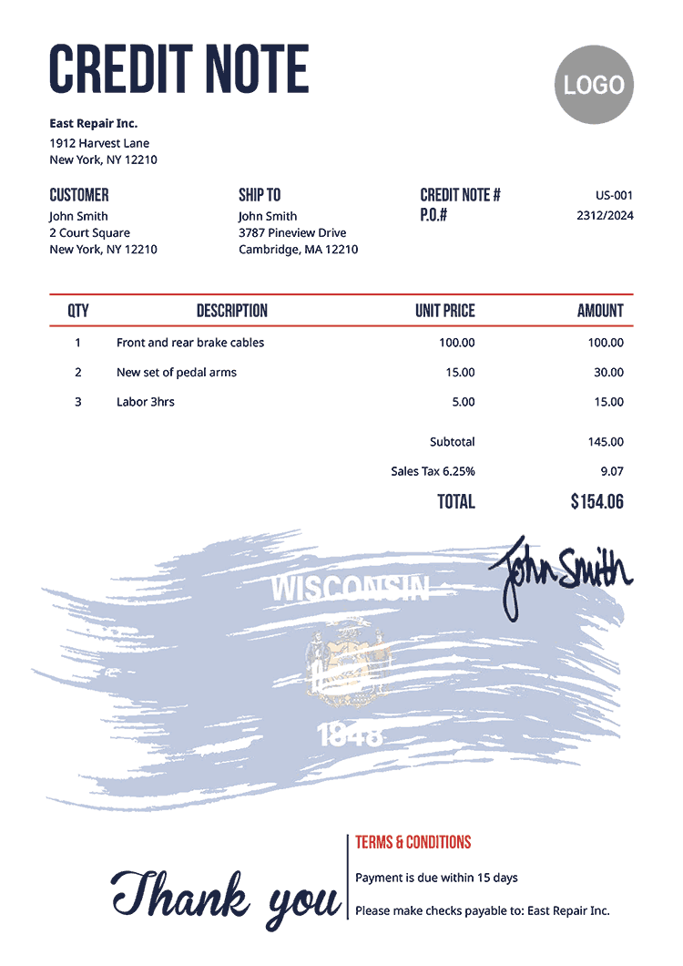 Credit Note Template Us Flag Of Wisconsin 