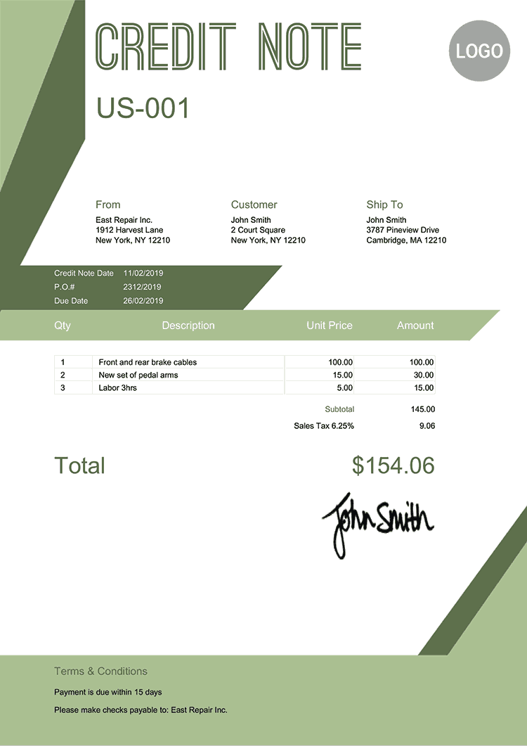 Credit Note Template Us Forest 