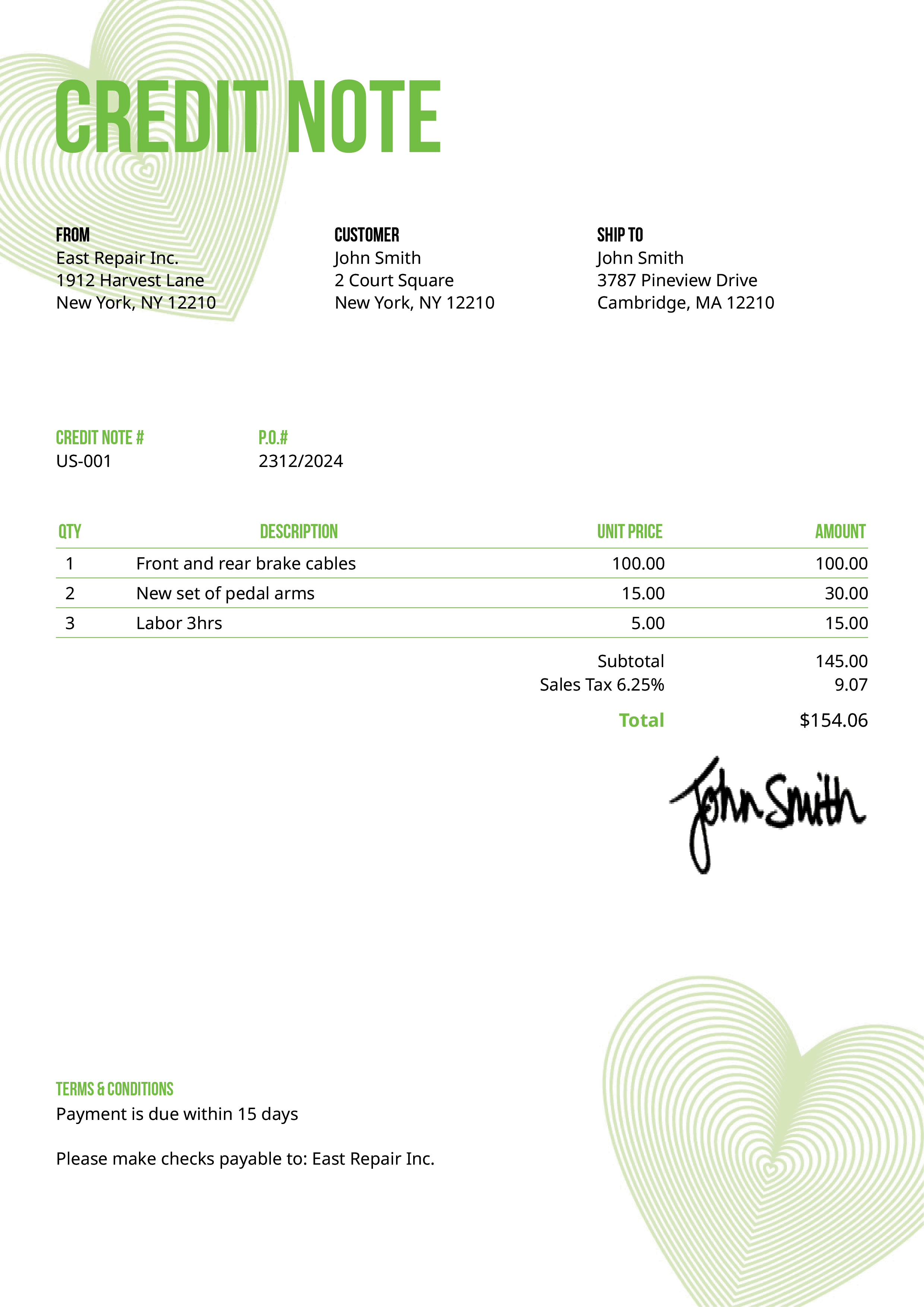 Credit Note Template Us Hearts Green 