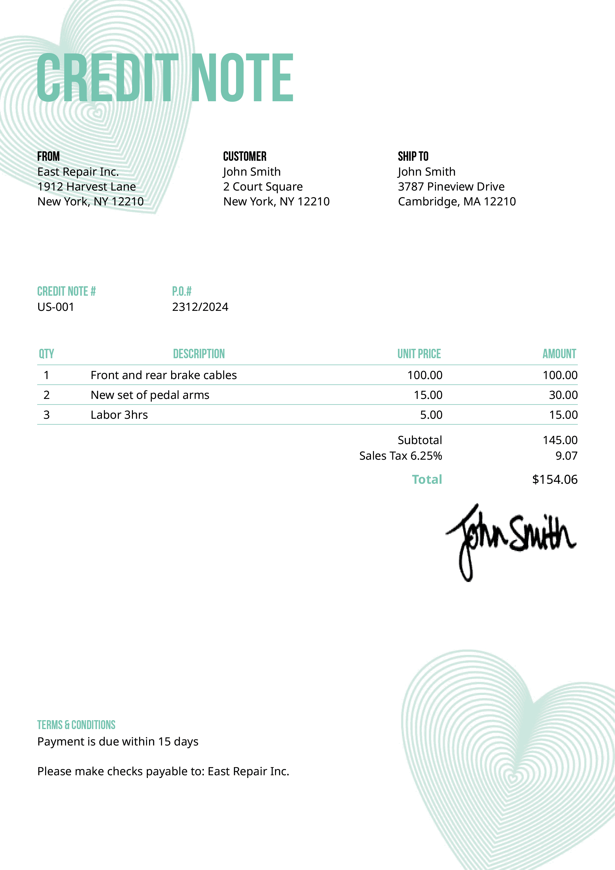 Credit Note Template Us Hearts Turquoise 