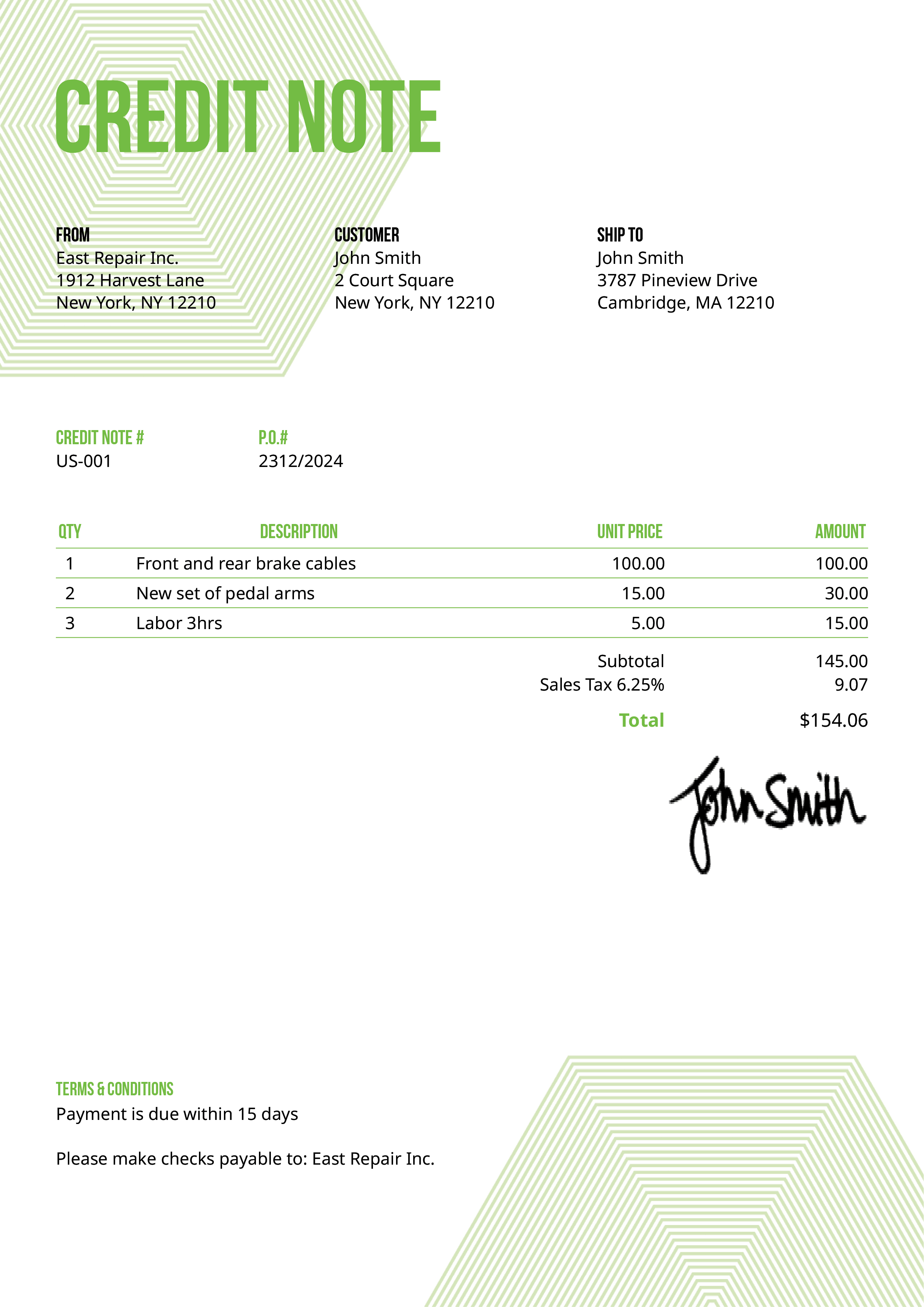 Credit Note Template Us Hexagons Green 