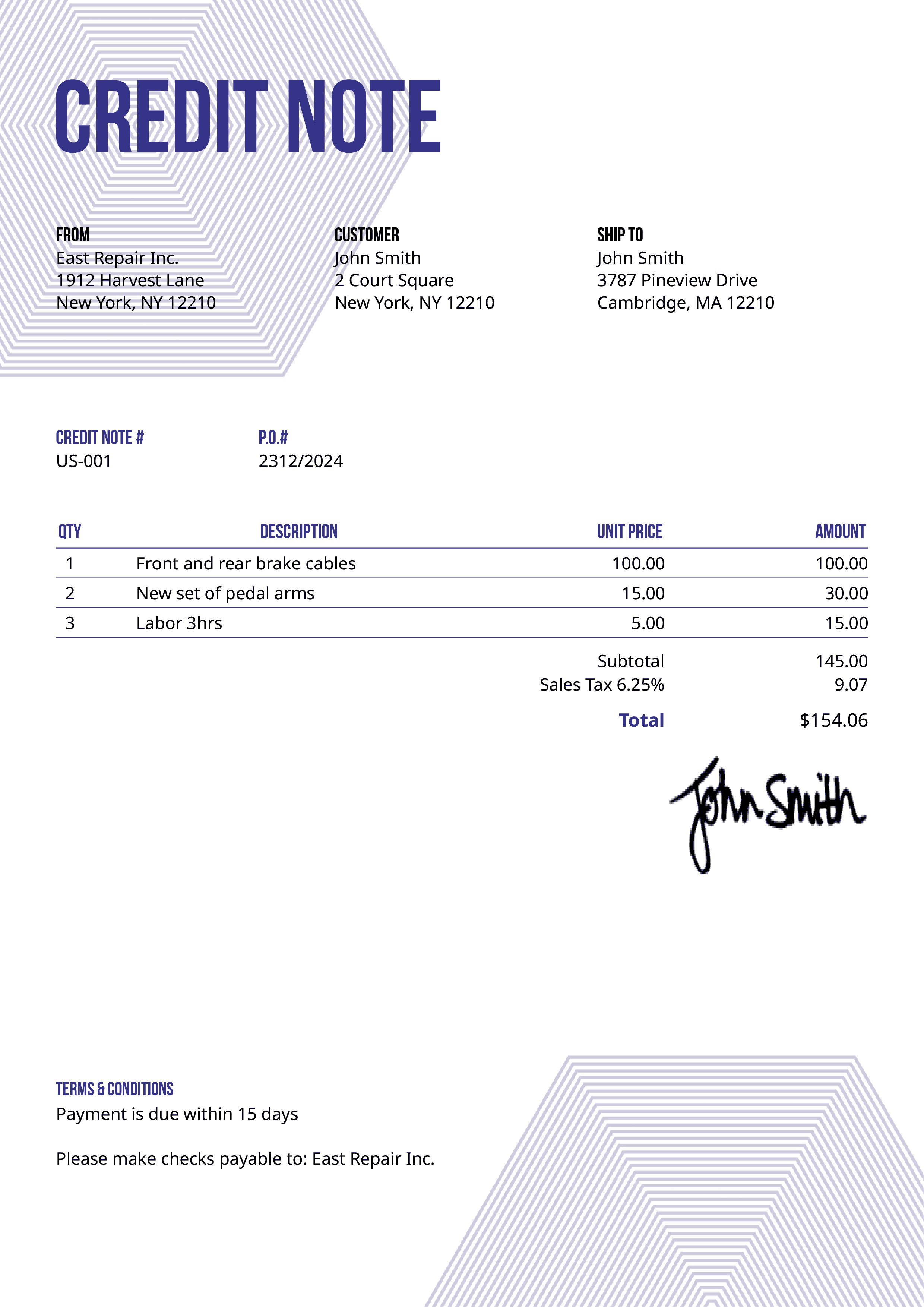 Credit Note Template Us Hexagons Purple 