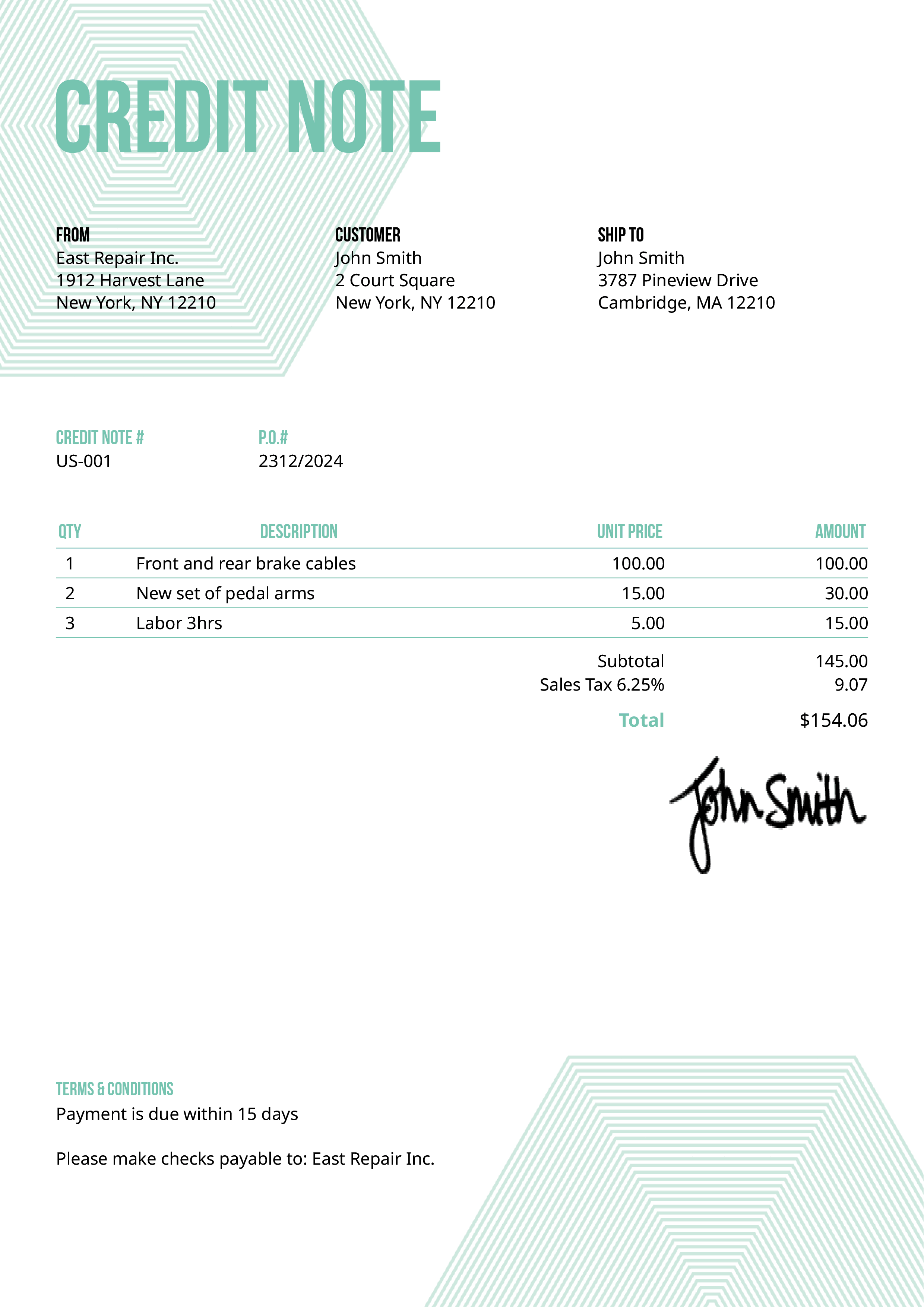 Credit Note Template Us Hexagons Turquoise 