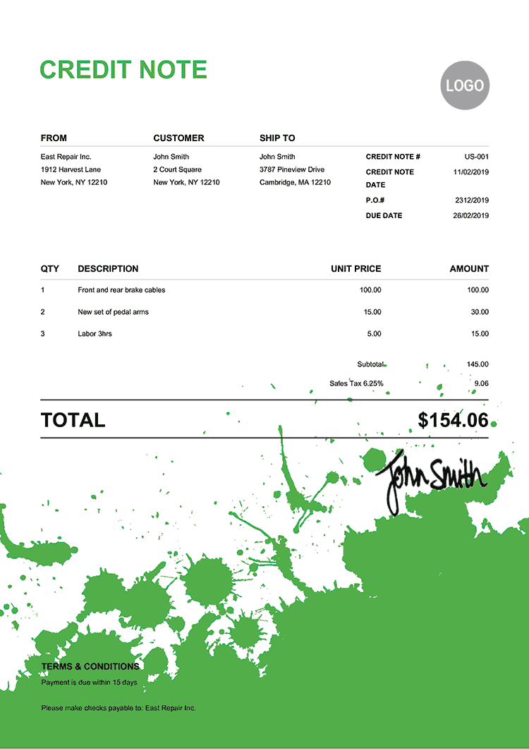 Credit Note Template Us Ink Blot Green 