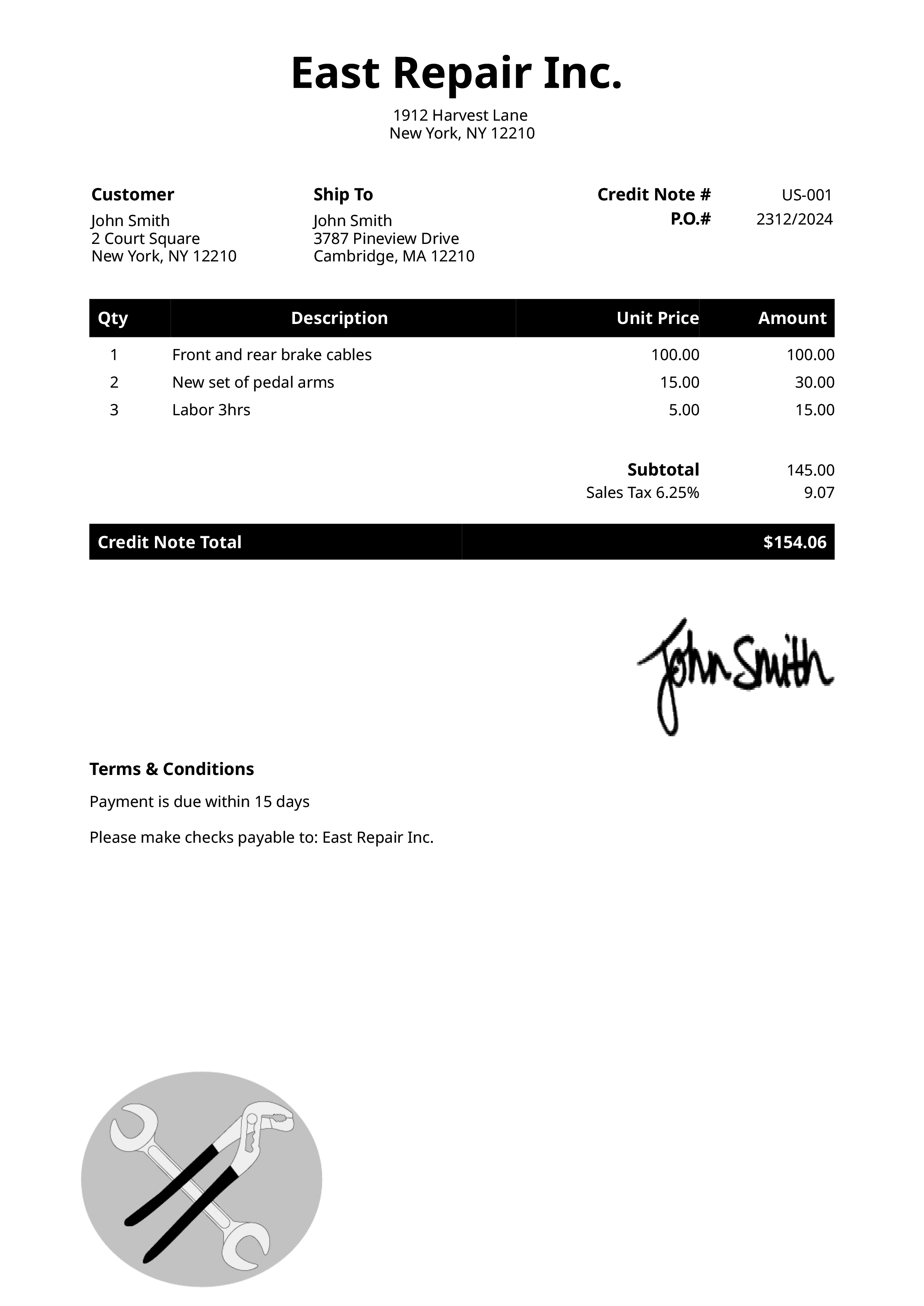 Credit Note Template Us Mechanic Black 