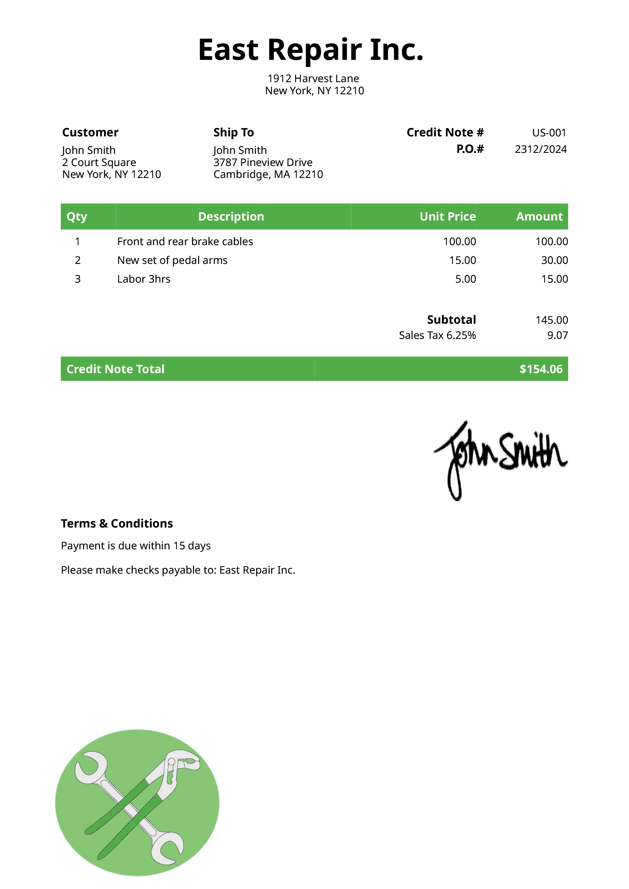 Credit Note Template Us Mechanic Green 