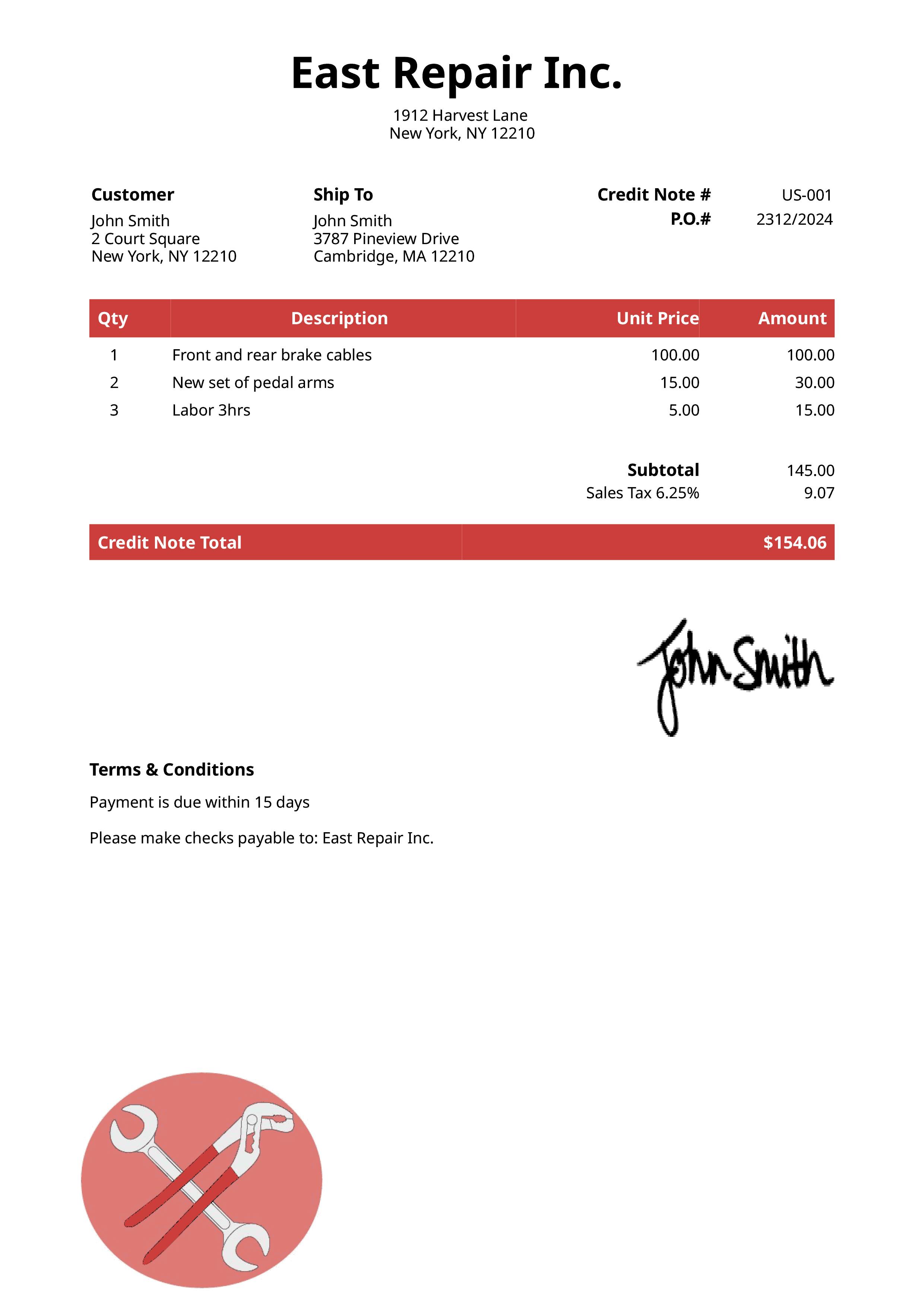 Credit Note Template Us Mechanic Red 