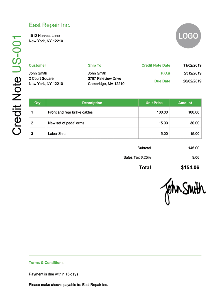 Credit Note Template Us Modern Green 