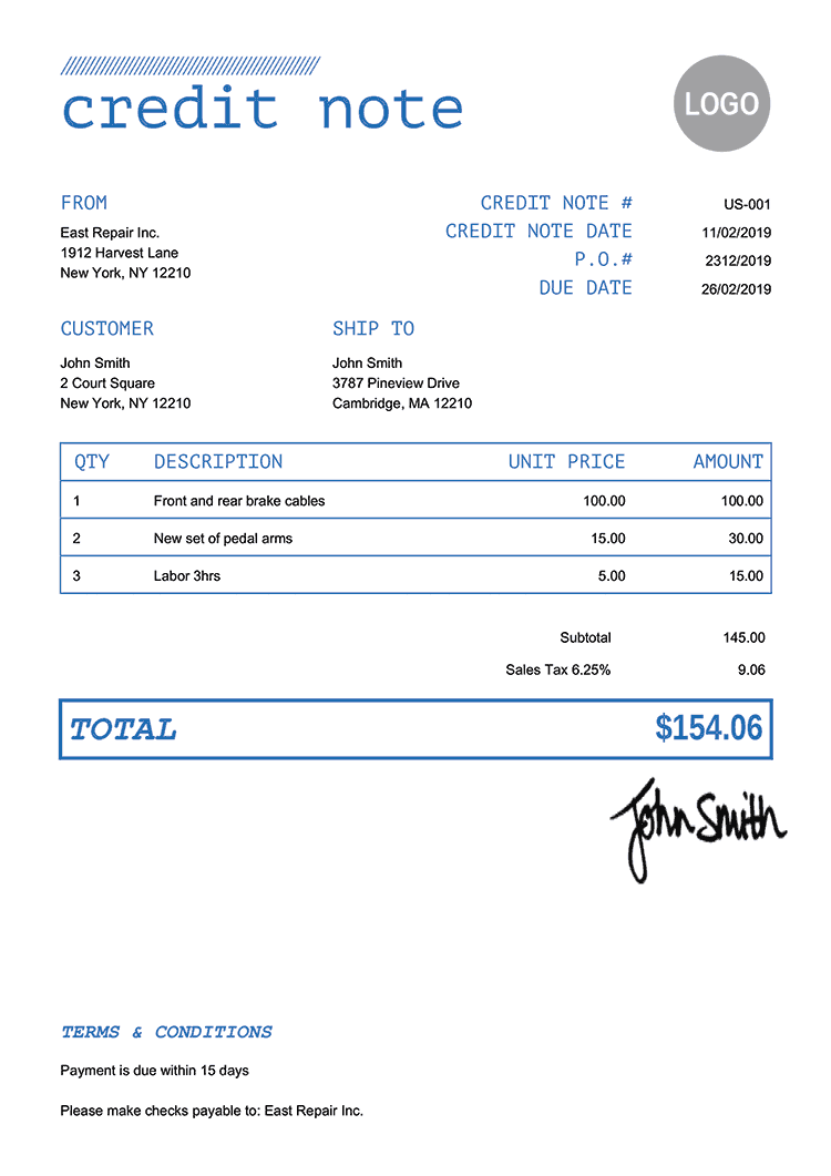 Credit Note Template Us Mono Blue 