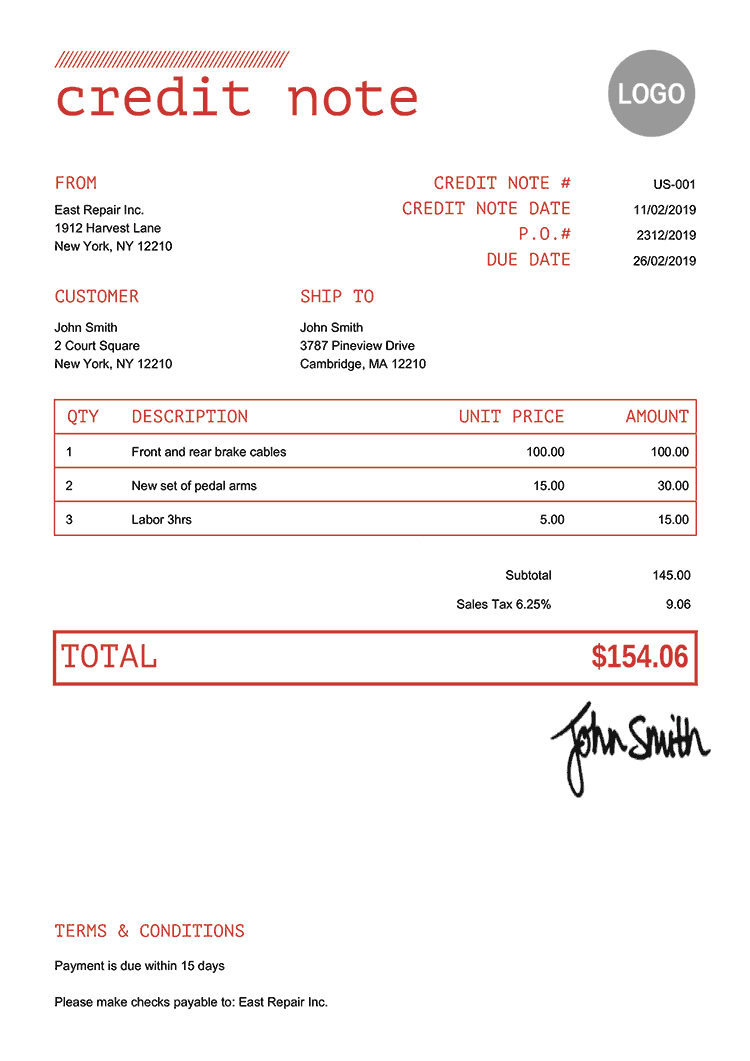 Credit Note Template Us Mono Red 