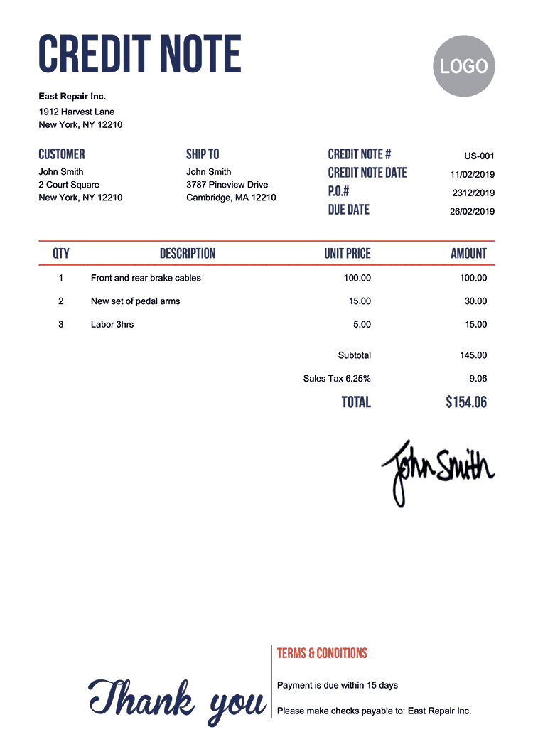 Credit Note Template Us Neat 