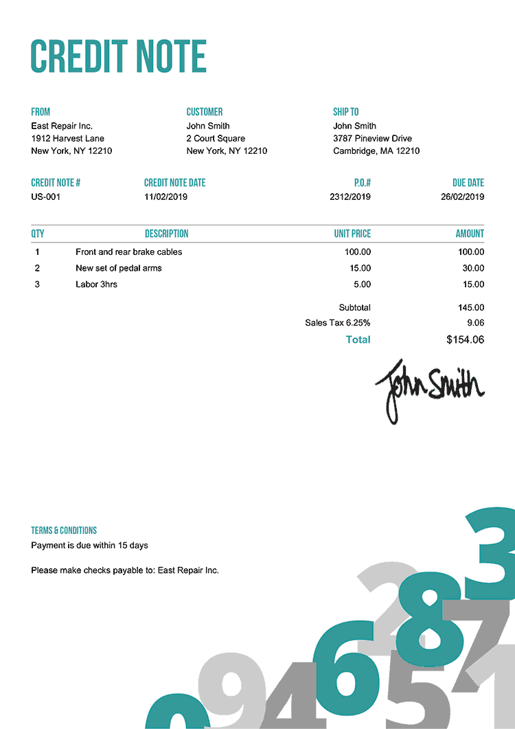 Credit Note Template Us Numbers Teal 