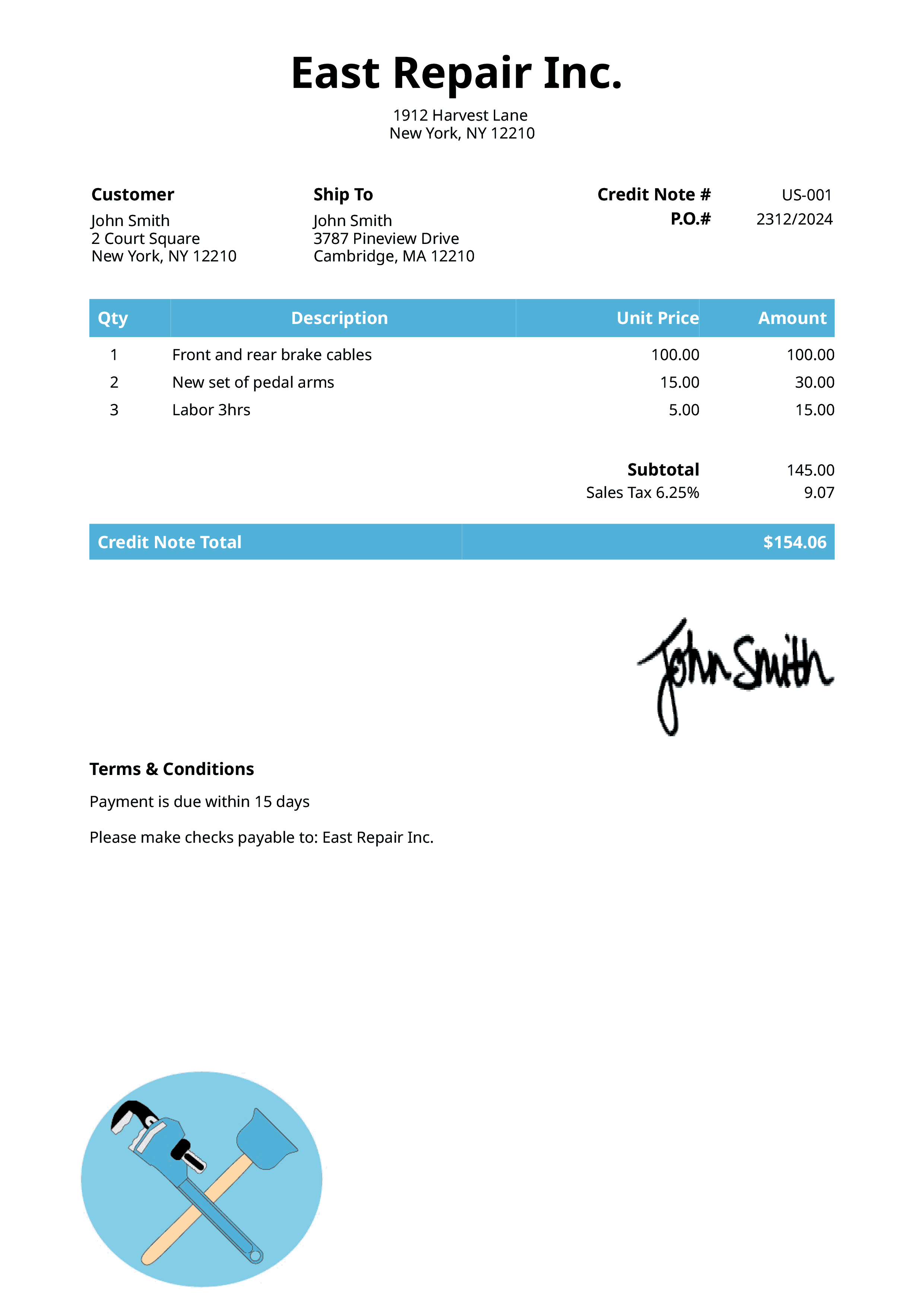 Credit Note Template Us Plumber Light Blue 