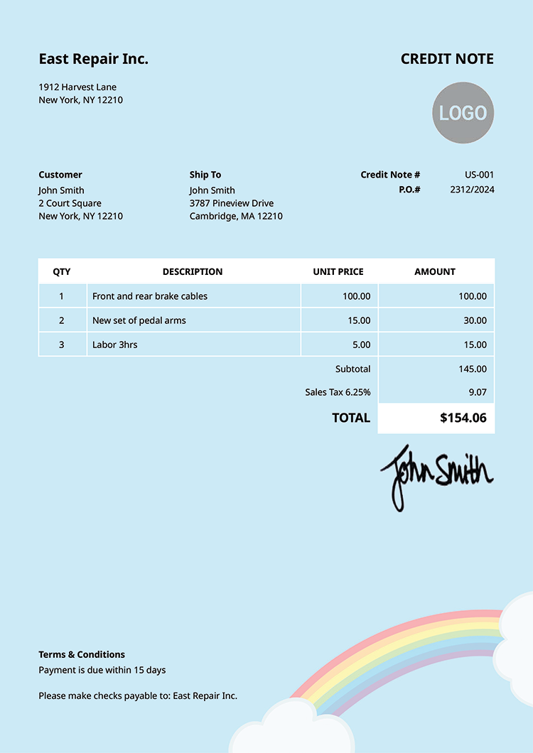 Credit Note Template Us Rainbow Clouds 