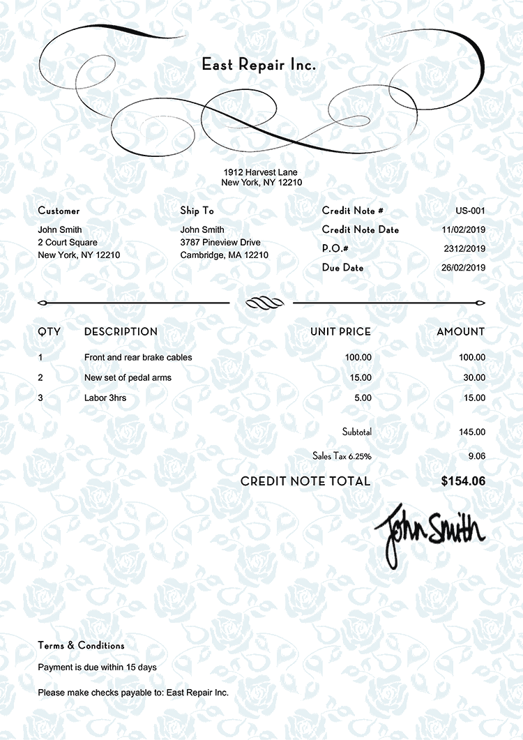 Credit Note Template Us Rose Blue 