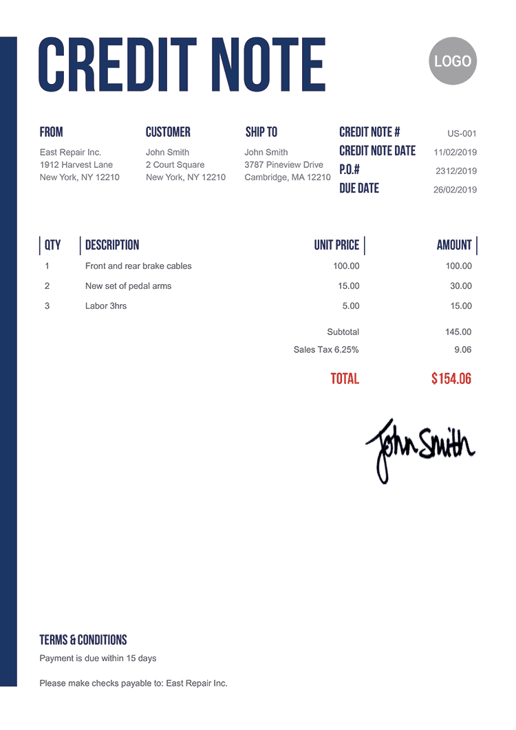 Credit Note Template Us Slim 