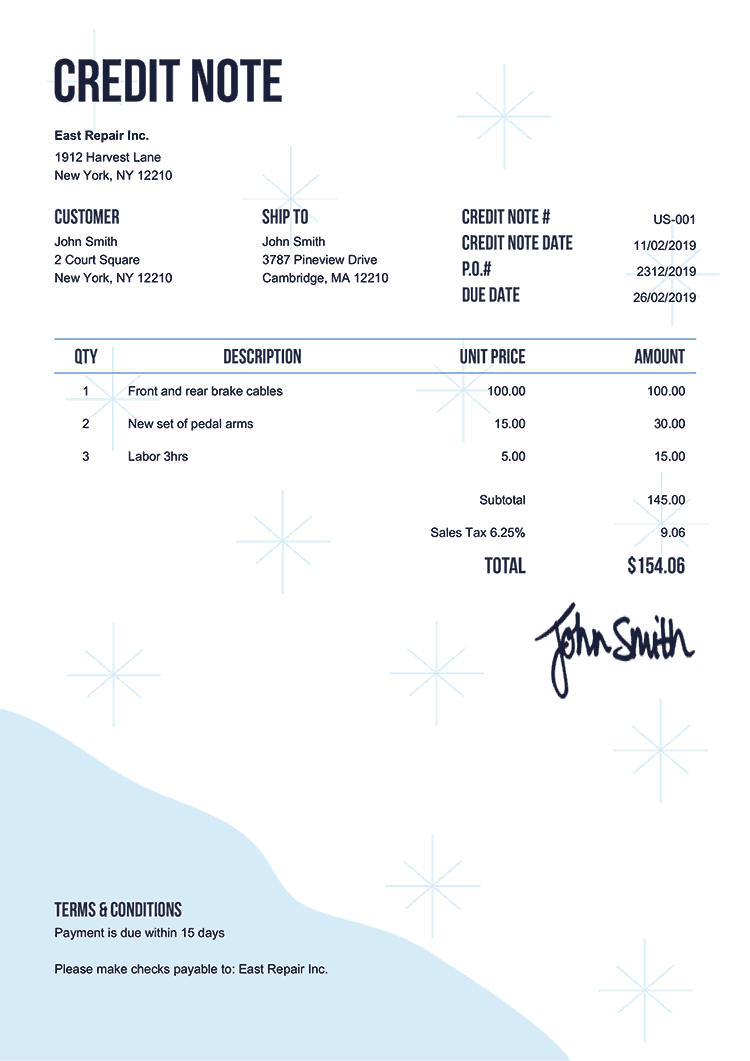 Credit Note Template Us Snow 