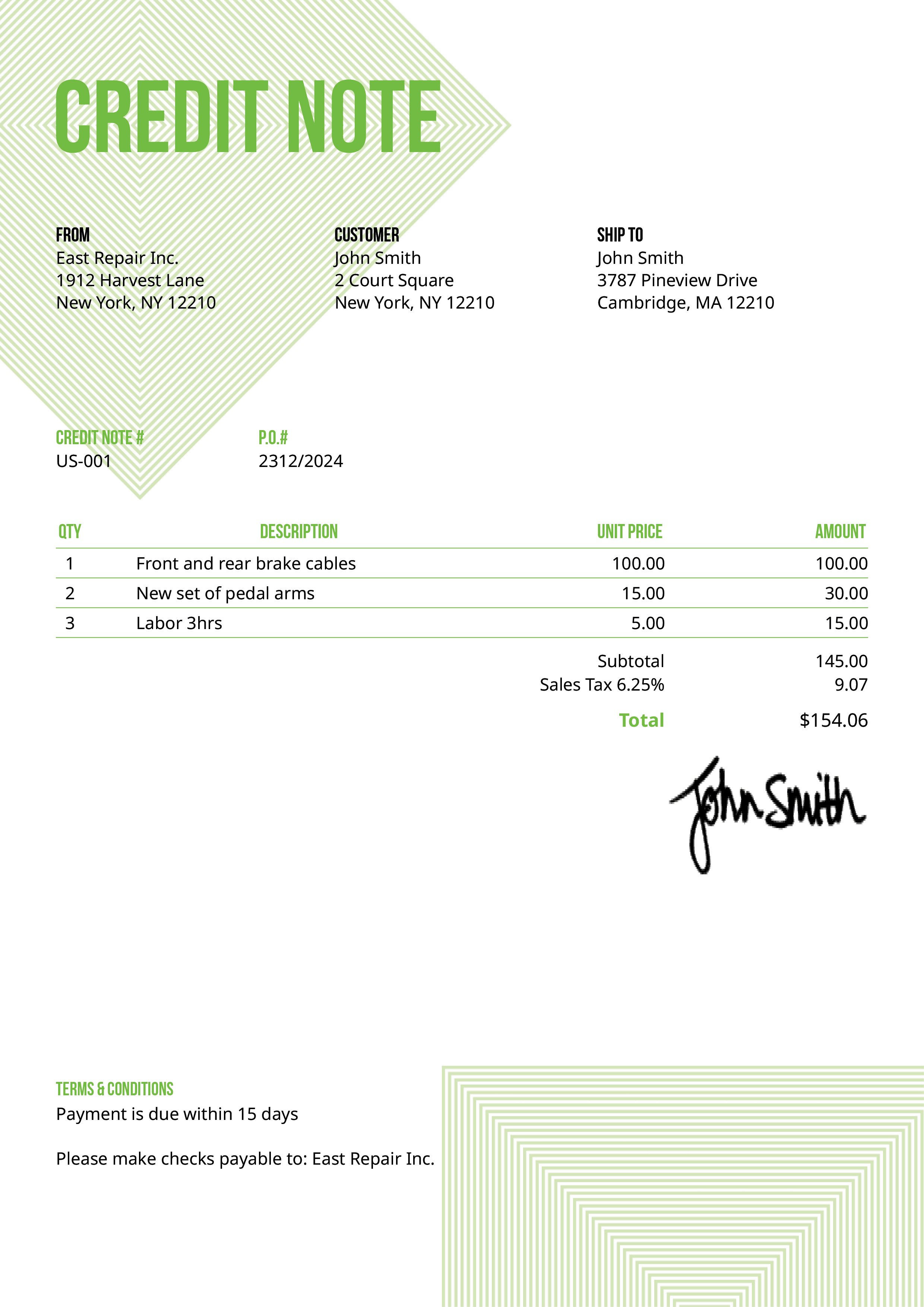 Credit Note Template Us Squares Green 