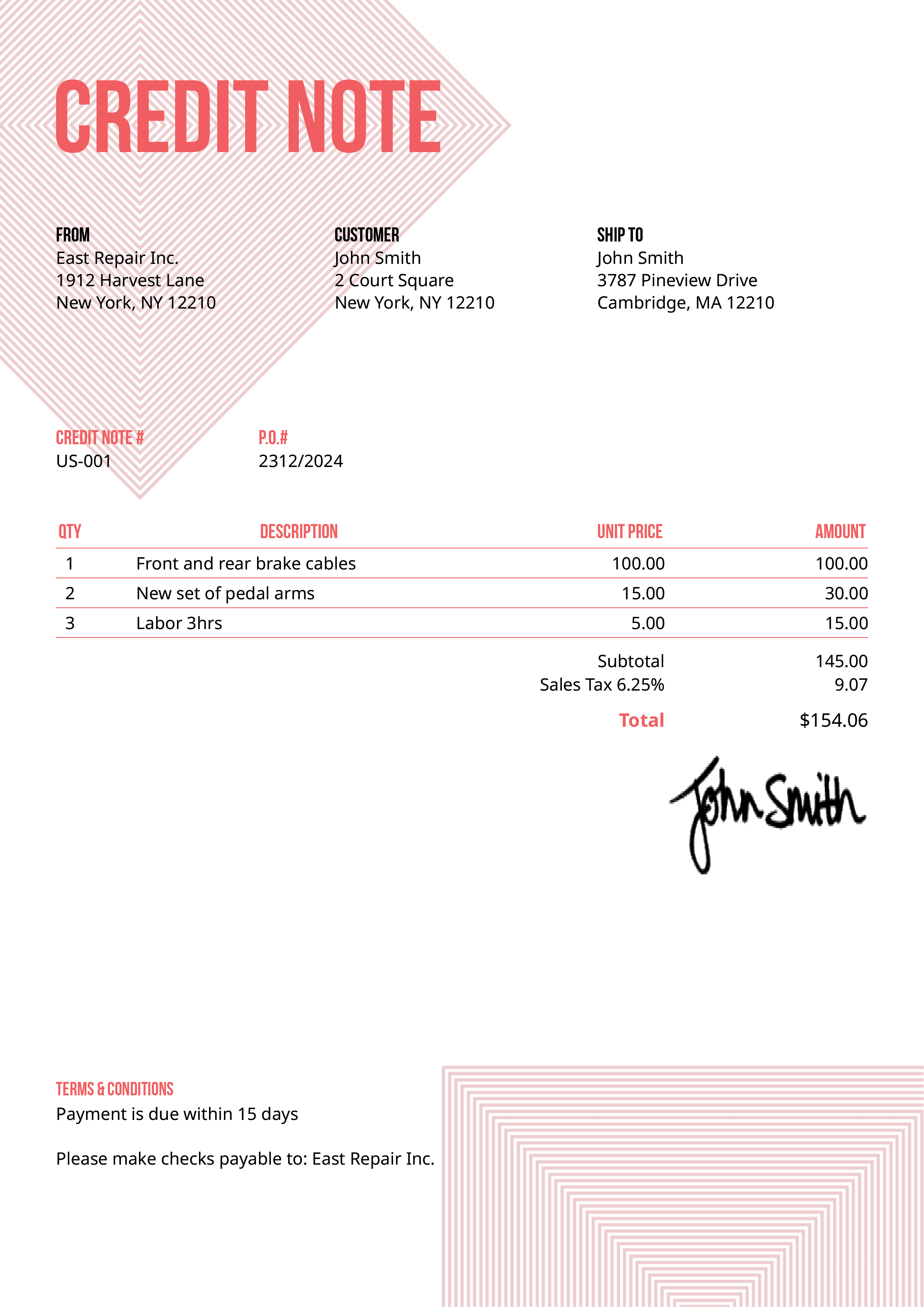 Credit Note Template Us Squares Pink 