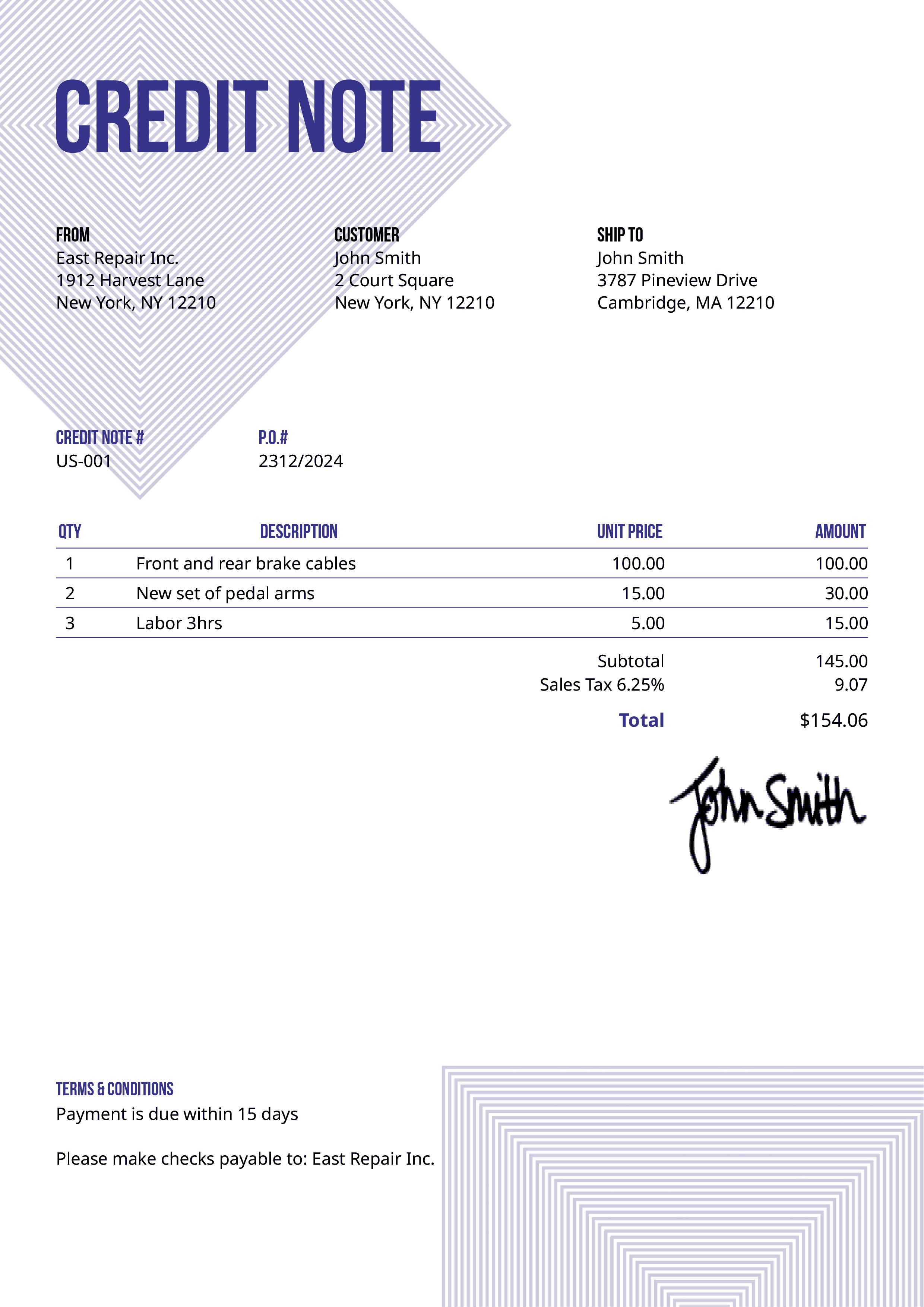 Credit Note Template Us Squares Purple 