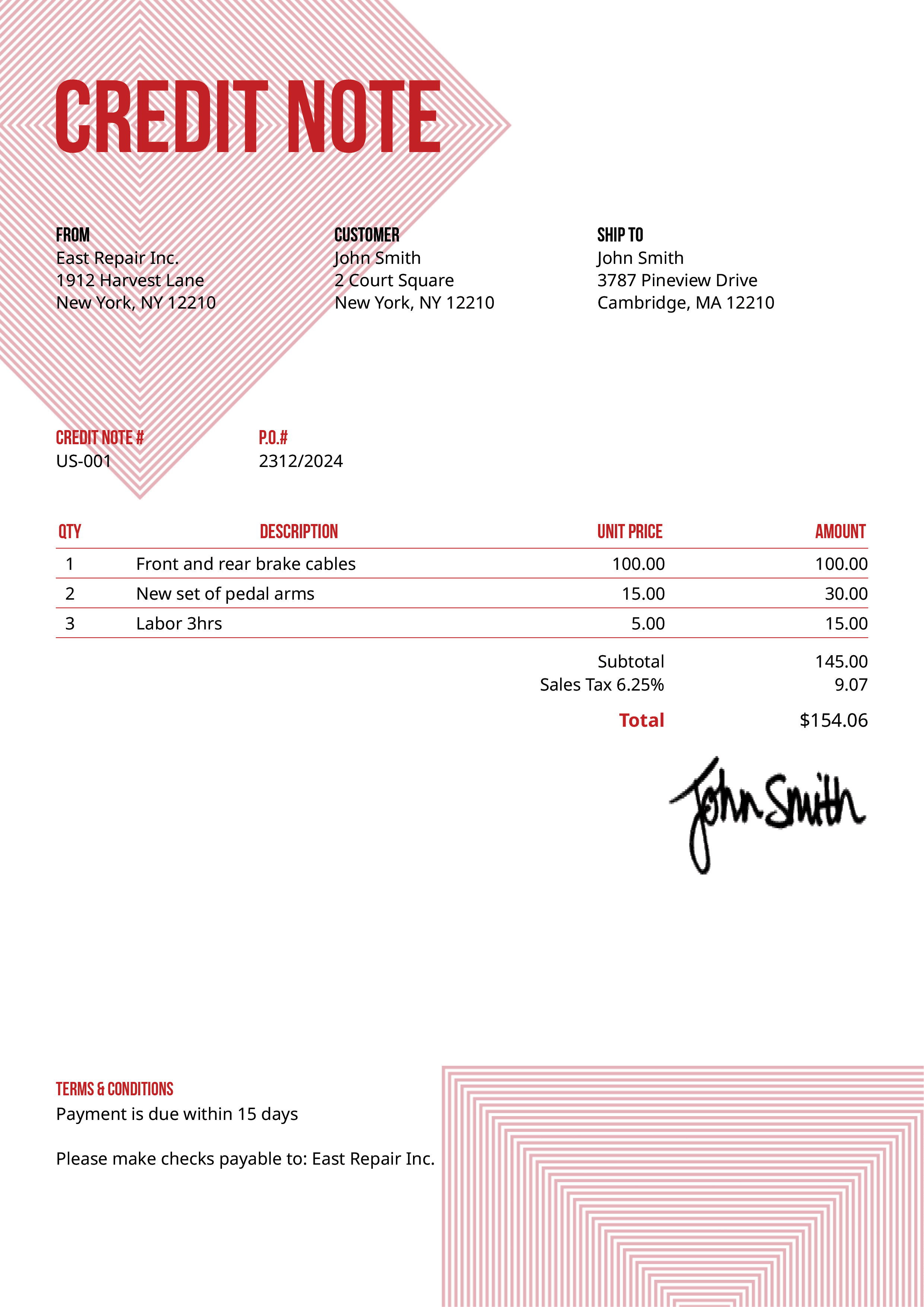 Credit Note Template Us Squares Red 