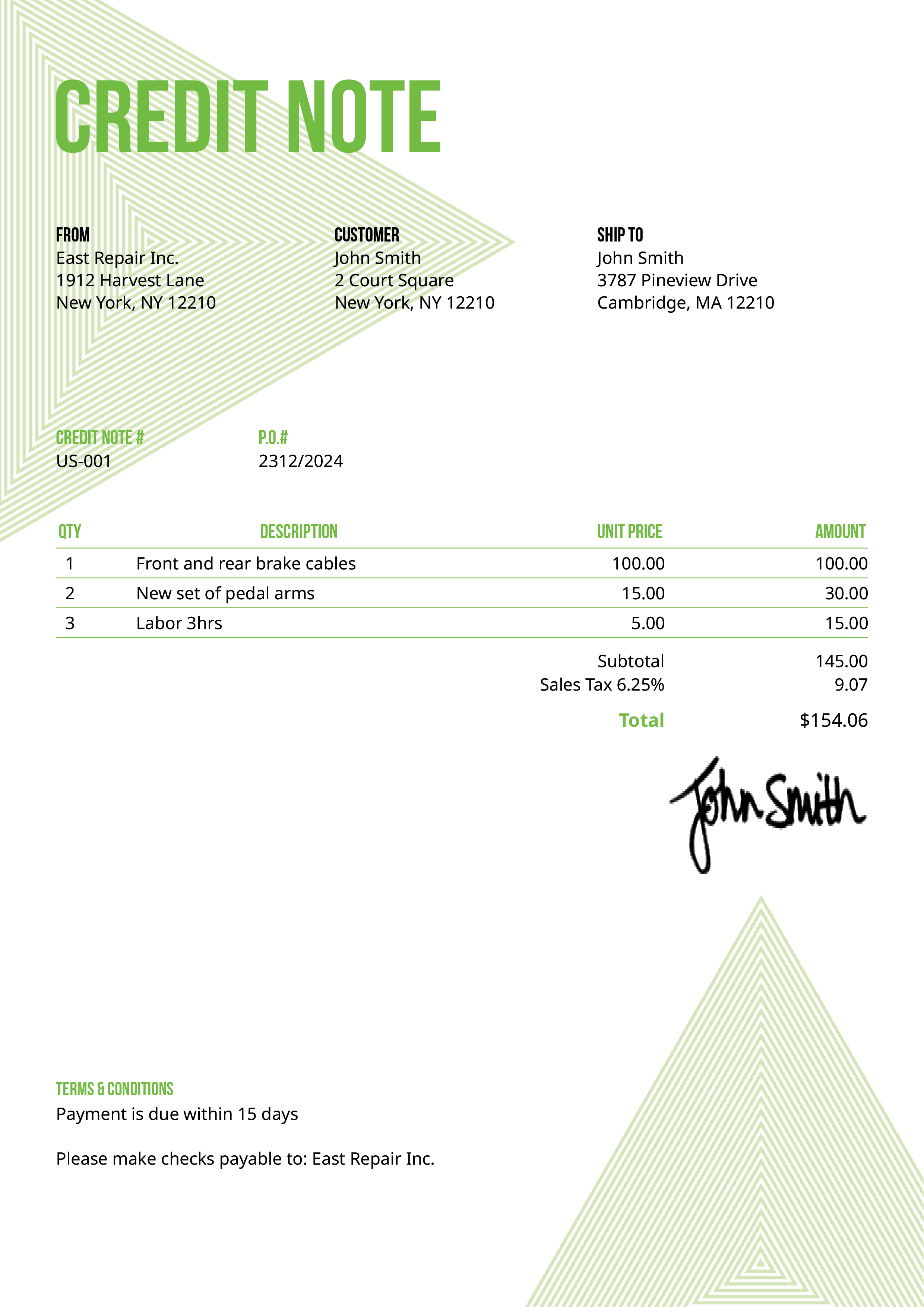 Credit Note Template Us Triangles Green 
