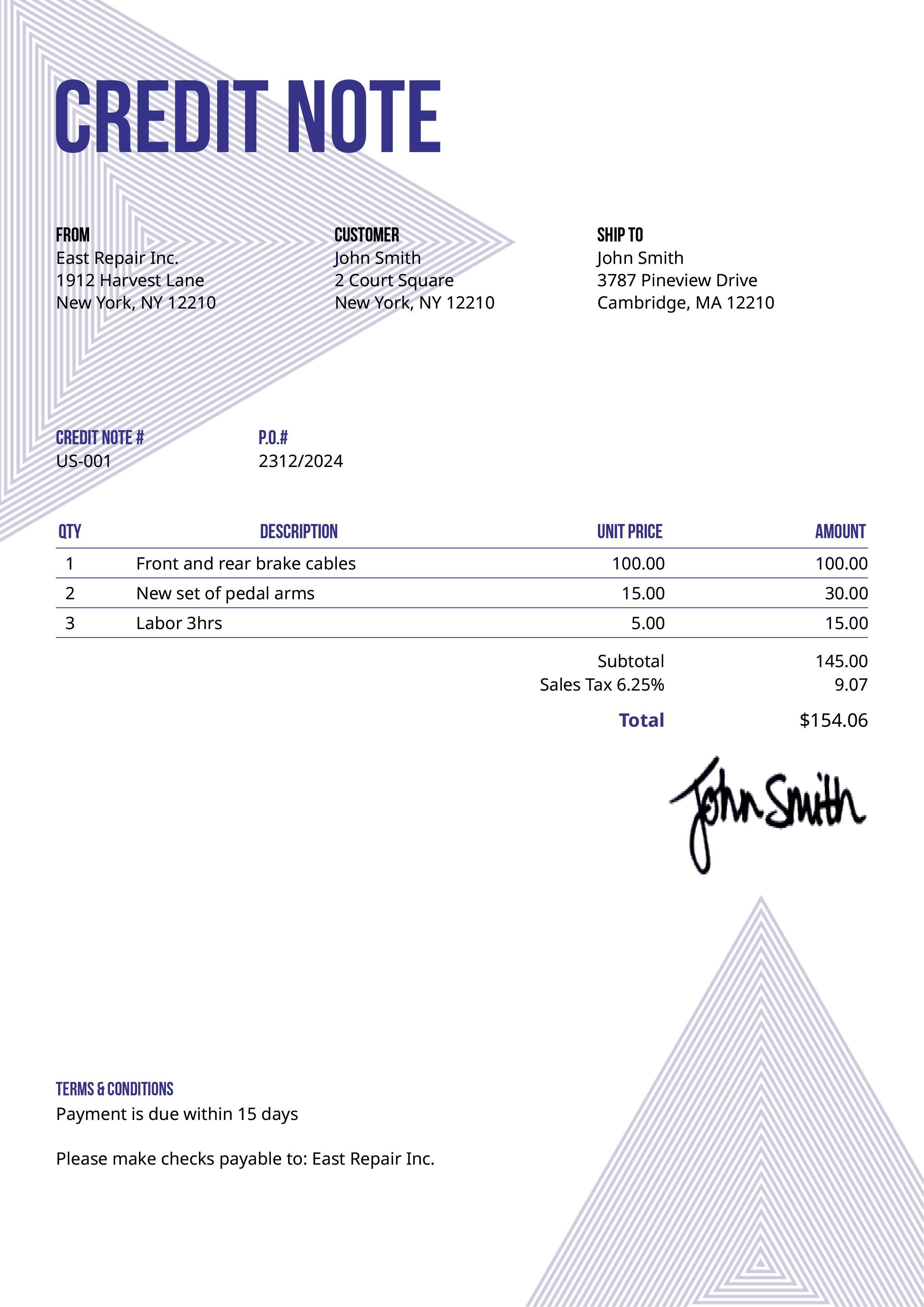 Credit Note Template Us Triangles Purple 