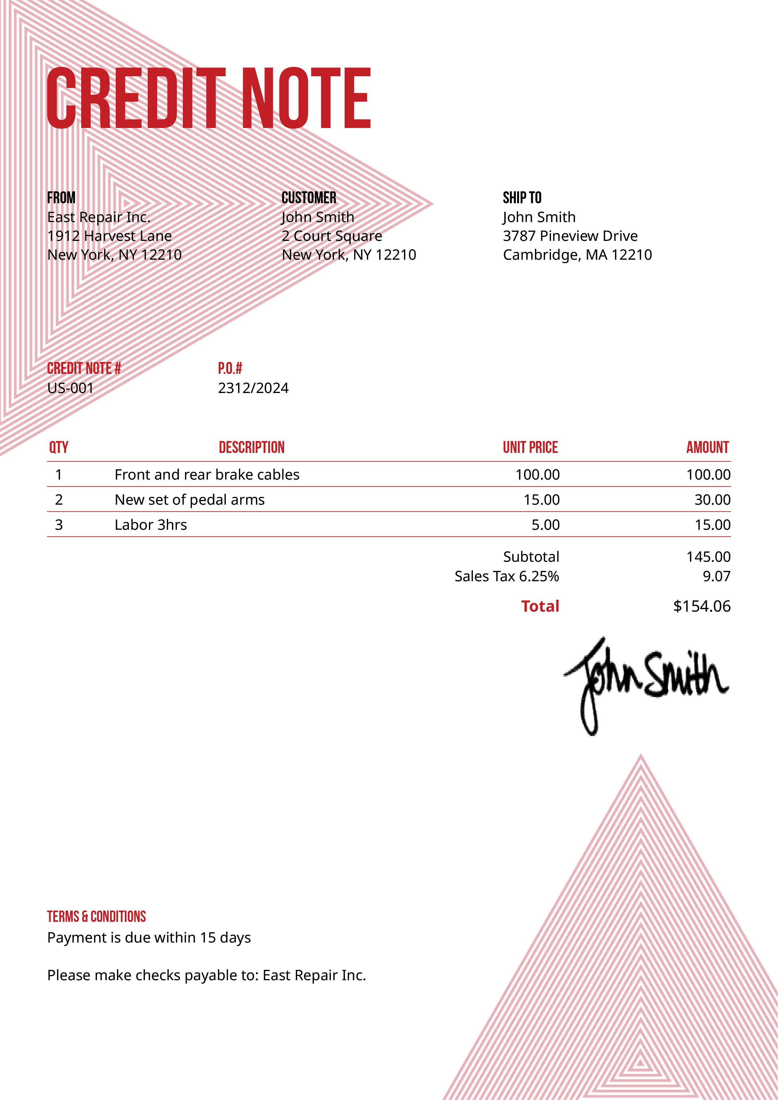 Credit Note Template Us Triangles Red 