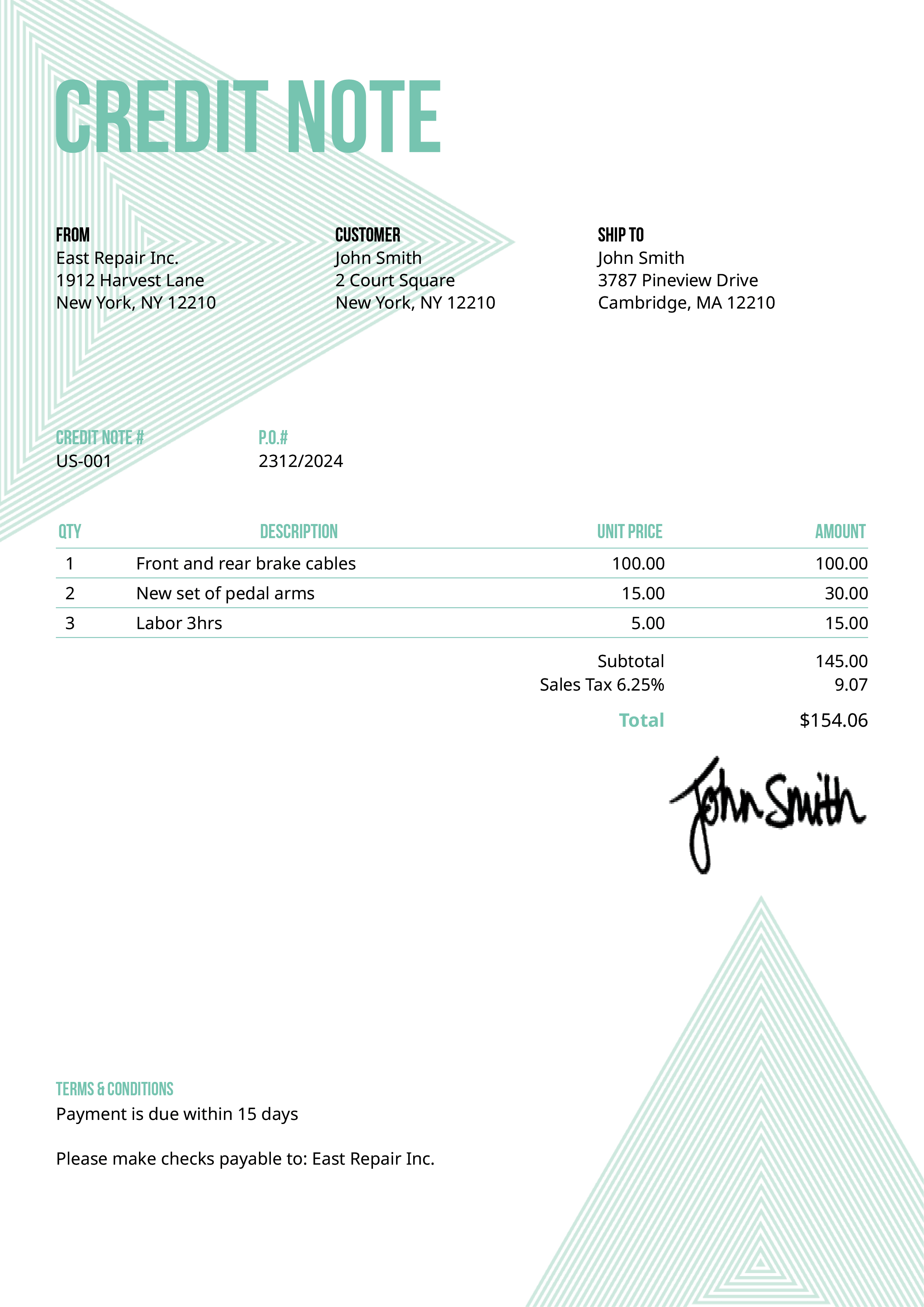 Credit Note Template Us Triangles Turquoise 