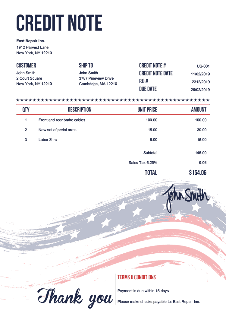 Credit Note Template Us Us Flag 