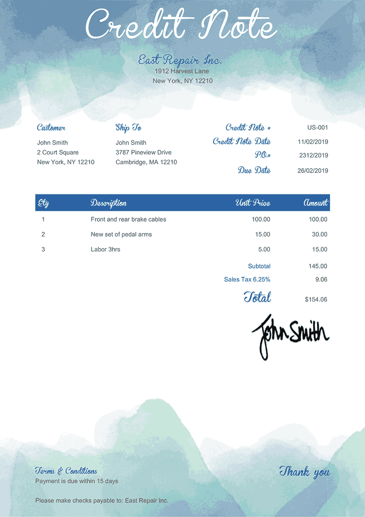 Credit Note Template Us Watercolor Blue 