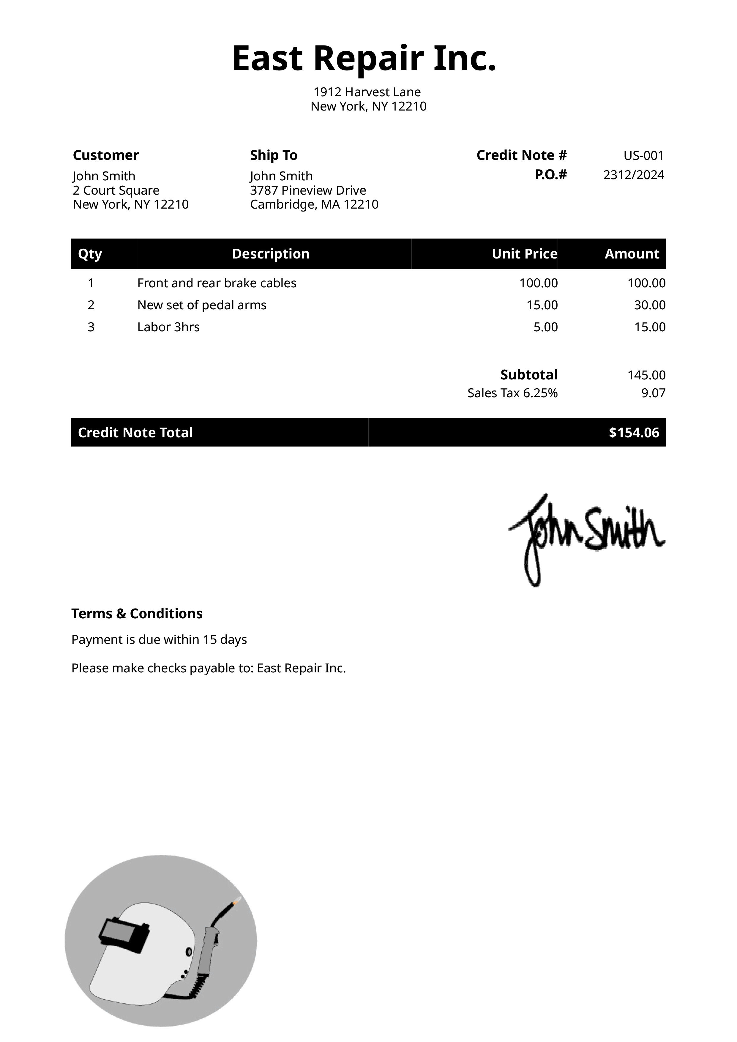 Credit Note Template Us Welder Black 