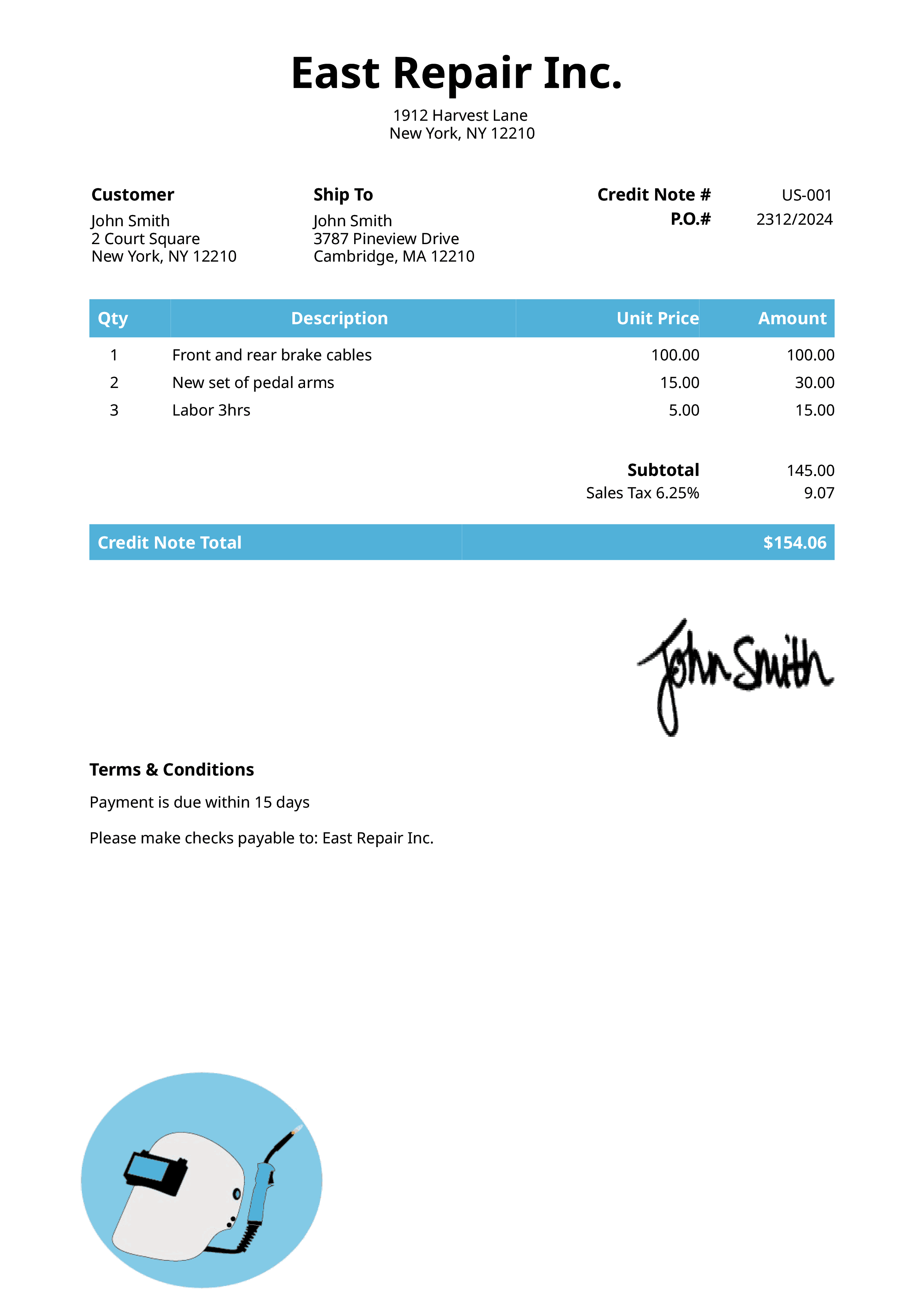 Credit Note Template Us Welder Light Blue 